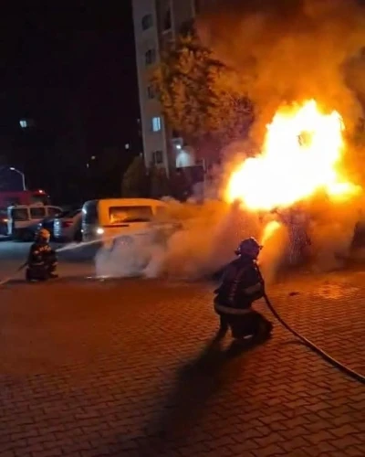 Denizli&rsquo;de park halindeki ara&ccedil; alev alev yandı

