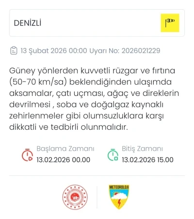 Denizli i&ccedil;in kuvvetli r&uuml;zgar ve fırtına uyarısı
