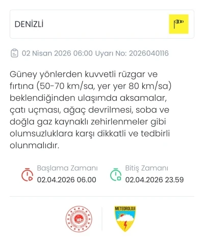 Denizli i&ccedil;in kuvvetli r&uuml;zgar ve fırtına uyarısı
