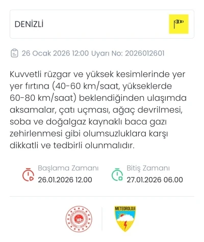 Denizli i&ccedil;in kuvvetli r&uuml;zgar ve fırtına uyarısı verildi
