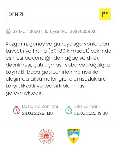 Denizli i&ccedil;in kuvvetli r&uuml;zgar ve fırtına uyarısı yapıldı
