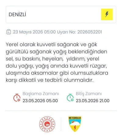 Denizli i&ccedil;in kuvvetli sağanak ve g&ouml;k g&uuml;r&uuml;lt&uuml;l&uuml; yağış uyarısı

