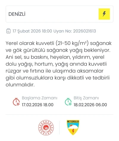Denizli i&ccedil;in sağanak ve g&ouml;k g&uuml;r&uuml;lt&uuml;l&uuml; yağış uyarısı
