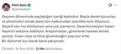 Deprem zamanında "Devlet yoktu" diye paylaşım yapan Pelin Batu &ouml;z&uuml;r diledi
