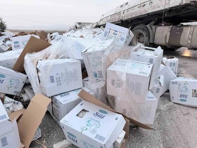 Devrilen tırdaki 25 ton s&uuml;t &ccedil;evreye dağıldı
