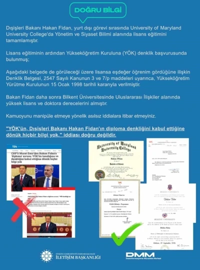 Dezenformasyonla Mücadele Merkezi: &quot;Dışişleri Bakanı Fidan, Yönetim ve Siyaset Bilimi alanında lisans eğitimini tamamlamıştır&quot;
