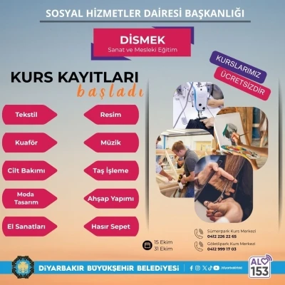 DİSMEK sanat ve meslek kursları kayıtları başladı
