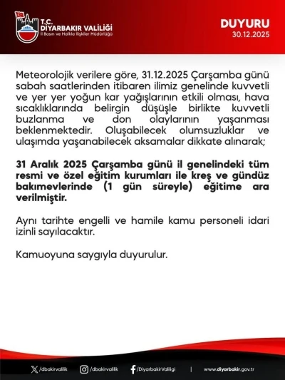 Diyarbakır&rsquo;da okullar &ccedil;arşamba g&uuml;n&uuml; tatil edildi
