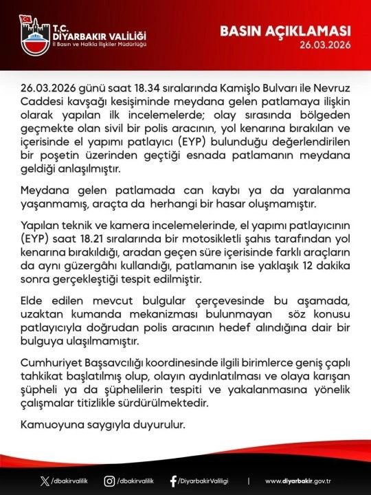 Diyarbakır'da polis aracının ge&ccedil;işi sırasında EYP patladı! Valilikten a&ccedil;ıklama