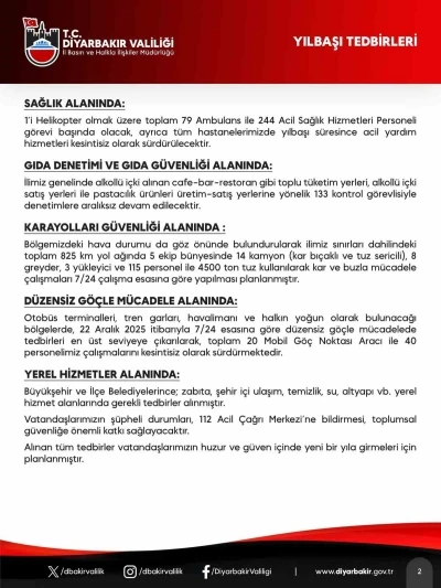 Diyarbakır&rsquo;da yılbaşı tedbirleri kapsamında 8 bin 737 g&uuml;venlik personeli sahada olacak
