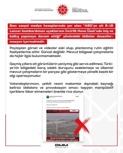 DMM&rsquo;den ABD&rsquo;ye ait bombardıman u&ccedil;aklarının İncirlik &Uuml;ss&uuml;&rsquo;n&uuml; kullandığı iddialarına yalanlama
