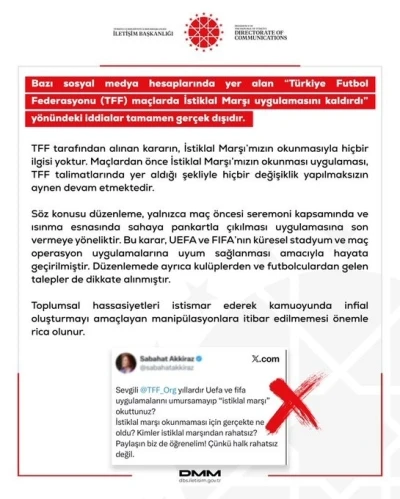 DMM&rsquo;den ma&ccedil;larda İstiklal Marşı uygulanması kaldırıldı iddialarına yalanlama
