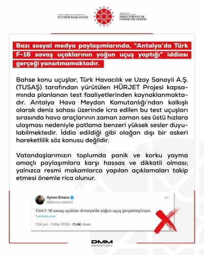 DMM&rsquo;den "Antalya&rsquo;da T&uuml;rk F-16 savaş u&ccedil;aklarının yoğun u&ccedil;uş yaptığı" iddiasına yalanlama
