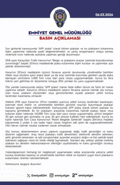 EGM&rsquo;den "&lsquo;APP plaka" a&ccedil;ıklaması: Resmi m&uuml;h&uuml;r ve g&uuml;venlik unsurları bulunmayan plakaları kullananlara 140 bin lira ceza uygulanacak

