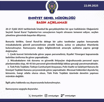 EGM, Fenerbahçe Kongresi’nde müsabakalarda görevli polislerin kıyafetlerini hedef alan ithamlara suç duyurusunda bulundu
