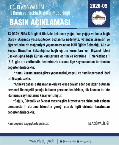 Elazığ&rsquo;da eğitim-&ouml;ğretime 1 g&uuml;n ara verildi
