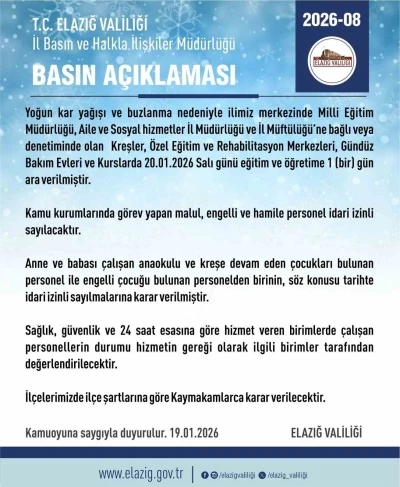 Elazığ&rsquo;da rehabilitasyon ve bakımevi kurslarına 1 g&uuml;n daha kar tatili
