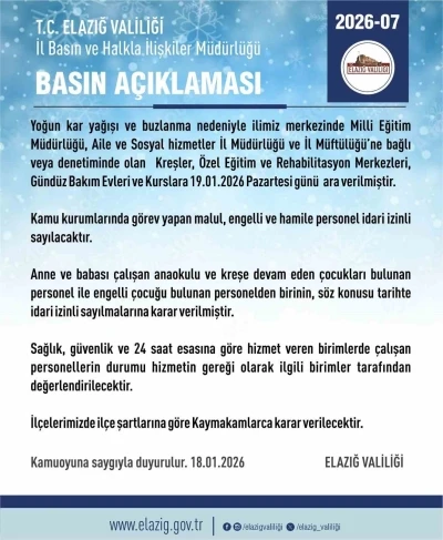 Elazığ&rsquo;da rehabilitasyon ve bakımevi kurslarına kar tatili
