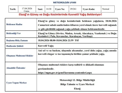 Elazığ i&ccedil;in kuvvetli yağış uyarısı
