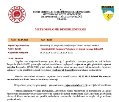 Elazığ i&ccedil;in kuvvetli yağış uyarısı
