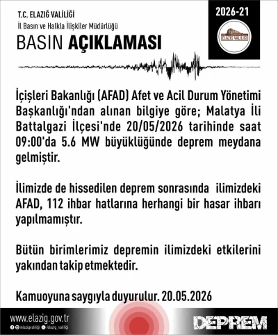 Elazığ Valiliği&rsquo;nden deprem a&ccedil;ıklaması: "Herhangi bir hasar ihbarı yok"
