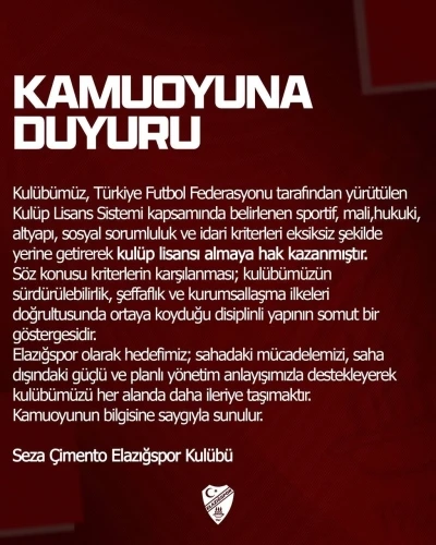 Elazığspor, kul&uuml;p lisansı almaya hak kazandı
