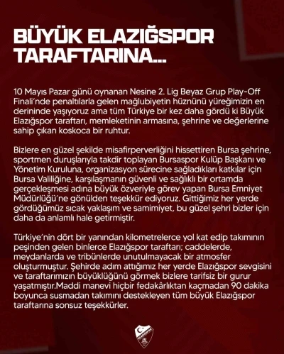 Elazığspor: "Bu b&uuml;y&uuml;k camia her defasında k&uuml;llerinden yeniden doğmasını bilmiştir"
