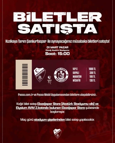 Elazığspor - Şanlıurfaspor ma&ccedil; biletleri satışta
