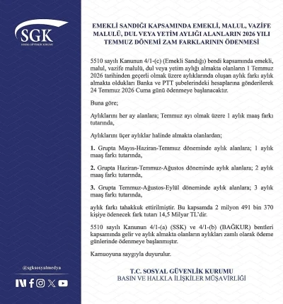 Emekli Sandığı kapsamındaki zam farkı &ouml;demeleri 24 Temmuz&rsquo;da başlayacak
