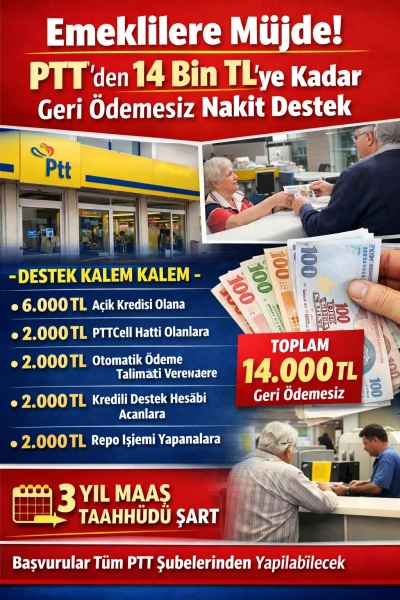 Emeklilere M&uuml;jde! PTT&rsquo;den 14 Bin TL&rsquo;ye Kadar Geri &Ouml;demesiz Nakit Destek