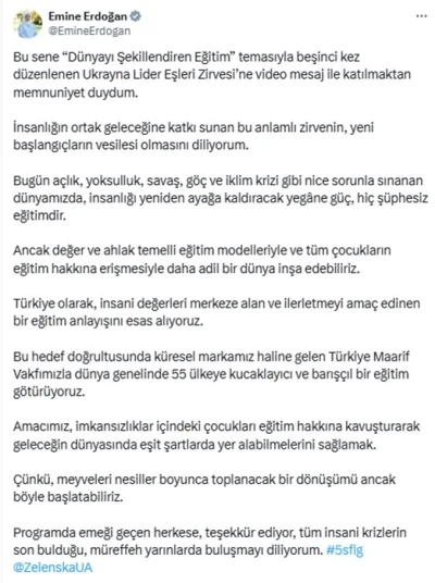 Emine Erdoğan, 5. Lider Eşleri Zirvesi’ne video mesaj gönderdi
