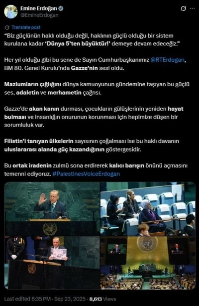 Emine Erdoğan’dan Cumhurbaşkanı Erdoğan’ın BM’deki hitabına ilişkin paylaşım:
