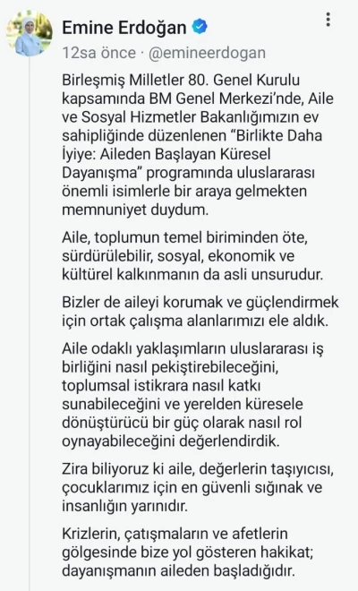 Emine Erdoğan’dan &quot;Birlikte Daha İyiye: Aileden Başlayan Küresel Dayanışma&quot; etkinliğine ilişkin paylaşım
