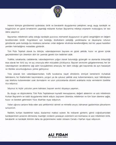 Emniyet Genel M&uuml;d&uuml;r&uuml; Fidan&rsquo;dan "Kurban Bayramı" mesajı
