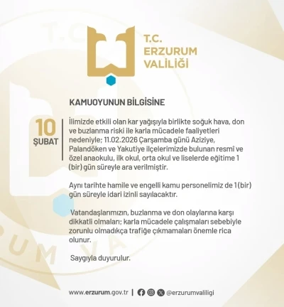 Erzurum&rsquo;da eğitime bir g&uuml;n ara verildi
