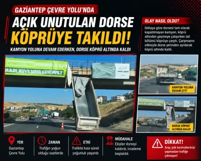 Gaziantep &Ccedil;evre Yolu&rsquo;nda İlgin&ccedil; Kaza! Dorse K&ouml;pr&uuml;ye Takıldı