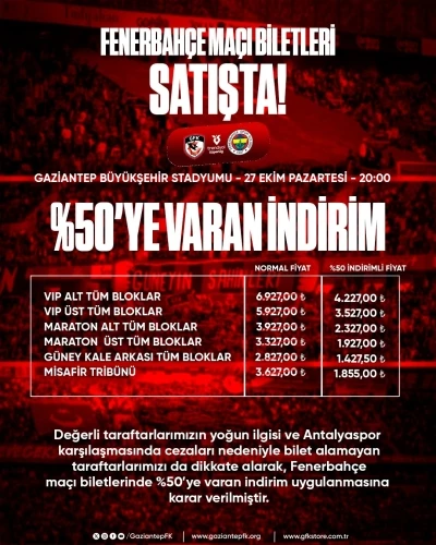Gaziantep FK - Fenerbahçe maçı biletleri yüzde 50 indirimli satışta
