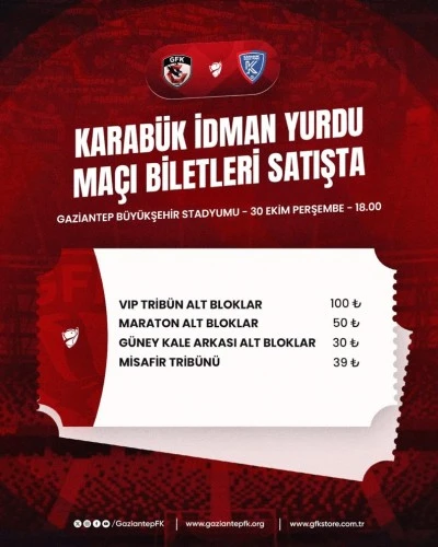 Gaziantep FK - Karabük İdman Yurdu Maçının Biletleri Satışta