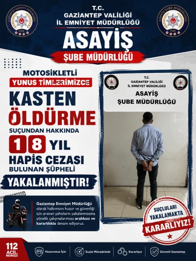 Gaziantep&rsquo;te 18 Yıl Hapis Cezası Bulunan Cinayet H&uuml;k&uuml;ml&uuml;s&uuml; Yakalandı