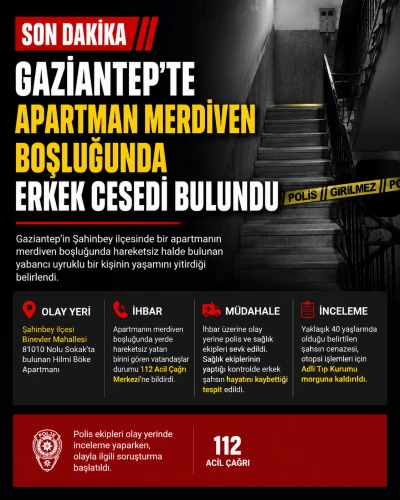 Gaziantep&rsquo;te Apartman Merdiven Boşluğunda Erkek Cesedi Bulundu