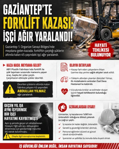 Gaziantep&rsquo;te Forklift Kazası: İş&ccedil;i Ağır Yaralandı