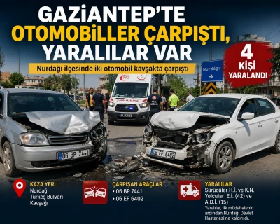 Gaziantep'te Kavşakta Feci Kaza! İki Otomobil &Ccedil;arpıştı, 4 Kişi Yaralandı