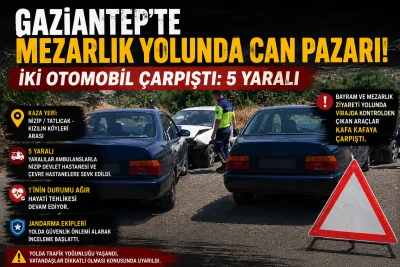 Gaziantep&rsquo;te Mezarlık Yolunda Feci Kaza: 5 Yaralı, 1&rsquo;inin Durumu Ağır