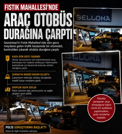 Gaziantep&rsquo;te Otomobil Otob&uuml;s Durağına &Ccedil;arptı