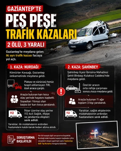 Gaziantep&rsquo;te Peş Peşe Trafik Kazaları: 2 &Ouml;l&uuml;, 3 Yaralı