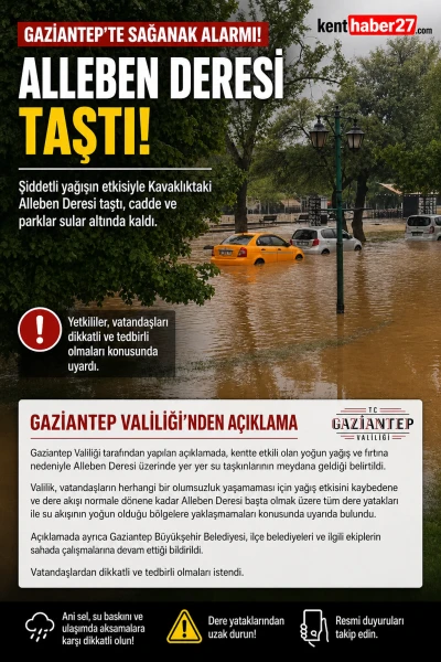 Gaziantep&rsquo;te sağanak alarmı: Alleben Deresi taştı, Valilikten kritik uyarı geldi