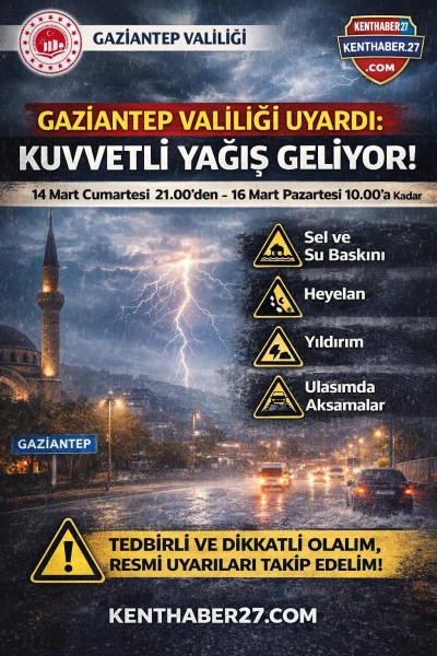 Gaziantep Valiliği Uyardı, Kuvvetli Yağış geliyor