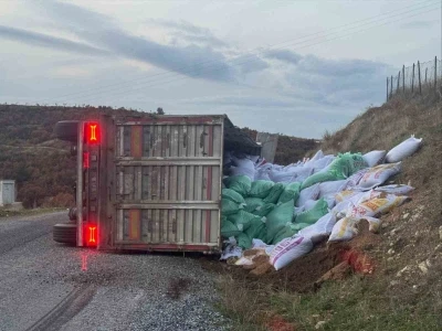 Gördes’te yem yüklü tır devrildi: 1 yaralı
