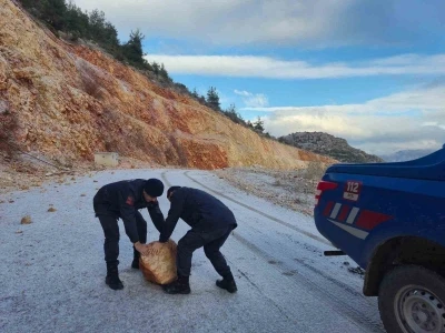 Harmankaya Tabiat Kanyonu&rsquo;nun yolunu d&uuml;şen kaya par&ccedil;ası jandarma tarafından kaldırıldı
