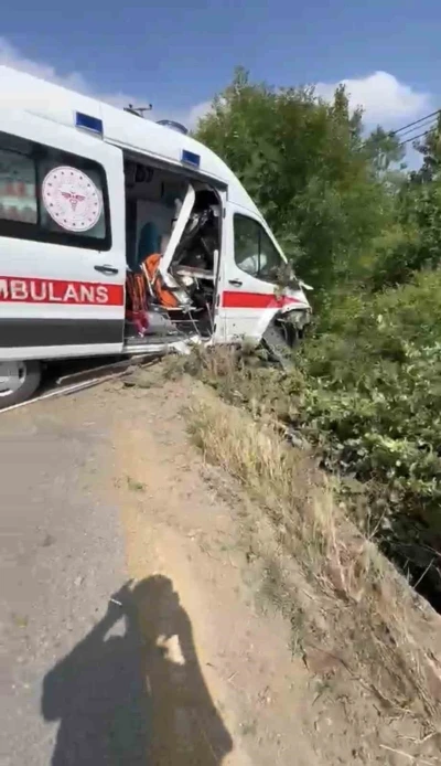 Hasta taşıyan ambulans yoldan &ccedil;ıkarak yeşillik alana savruldu
